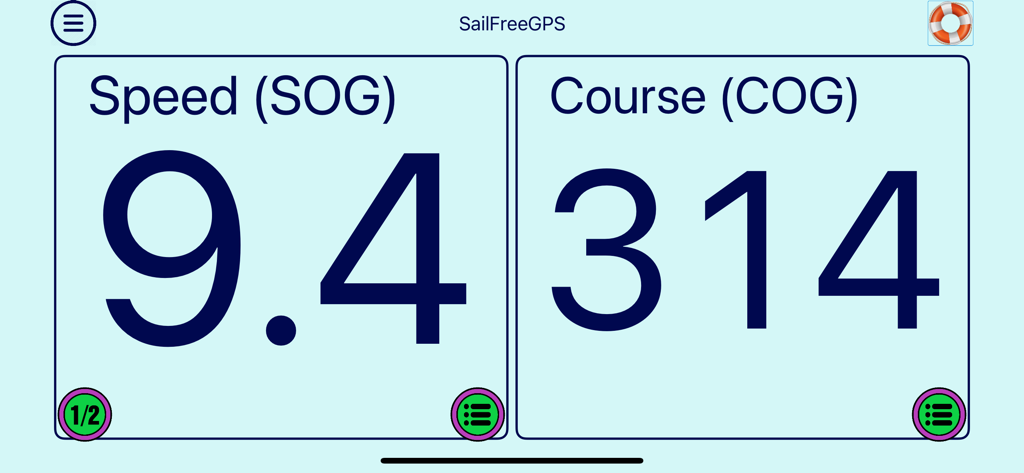 SailFreeGPS - SailFreeGPS app dashboard showing speed over ground and course over ground readings