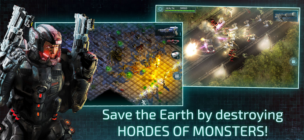 Jogabilidade de ação isométrica de cima para baixo e soldado futurista lutando contra hordas de monstros em Alien Shooter 2