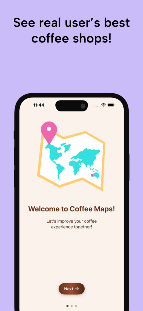 Coffee Compass: Maps & Guide - Welcome screen for the Coffee Compass app showing a world map icon and onboarding message for discovering coffee shops