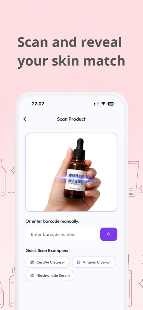 Eine mobile Oberfläche der GlowUp-App, die eine Hand zeigt, die eine Serumflasche hält und deren Barcode scannt, um eine Hautübereinstimmung anzuzeigen.