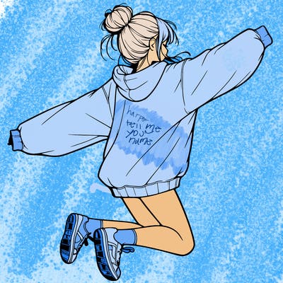 realistic girl jumping with a bun and oversized sweatshirt
