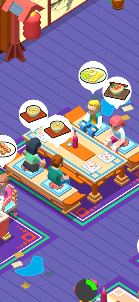 Dream Restaurant - Idle Tycoon - Isometric view of customers sitting at low tables in a restaurant with food order icons above their heads