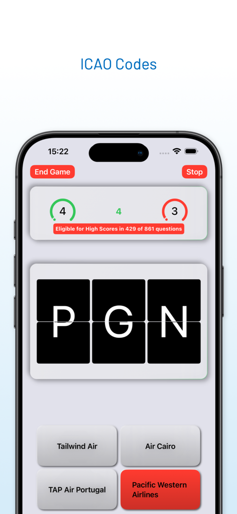 A screenshot of the AirlineTrivia app showing an ICAO code quiz where the user must identify an airline based on a three letter code