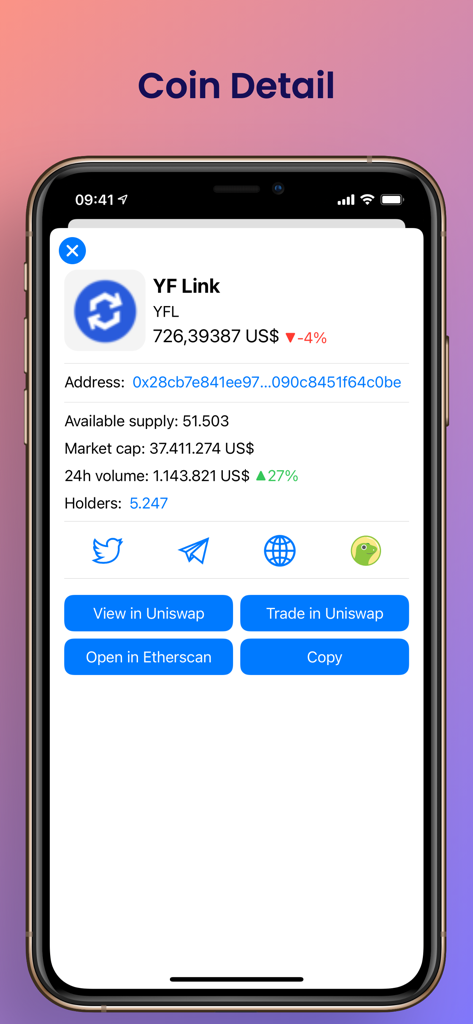 Ethereum Wallet Tracker - A detailed coin information screen in the Ethereum Wallet Tracker app showing price market cap and supply for YF Link