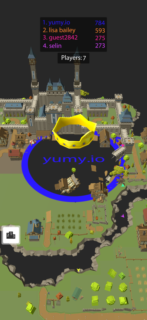 yumy.io - Black Hole Games - Jugabilidad de yumy.io mostrando un agujero negro coronado consumiendo un pueblo medieval