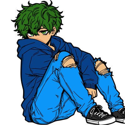 a male hoddie ripped jeans messy hair anime