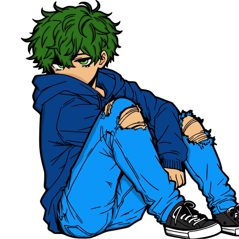 a male hoddie ripped jeans messy hair anime