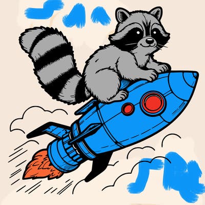 realistic raccoon flying on top rocket ship