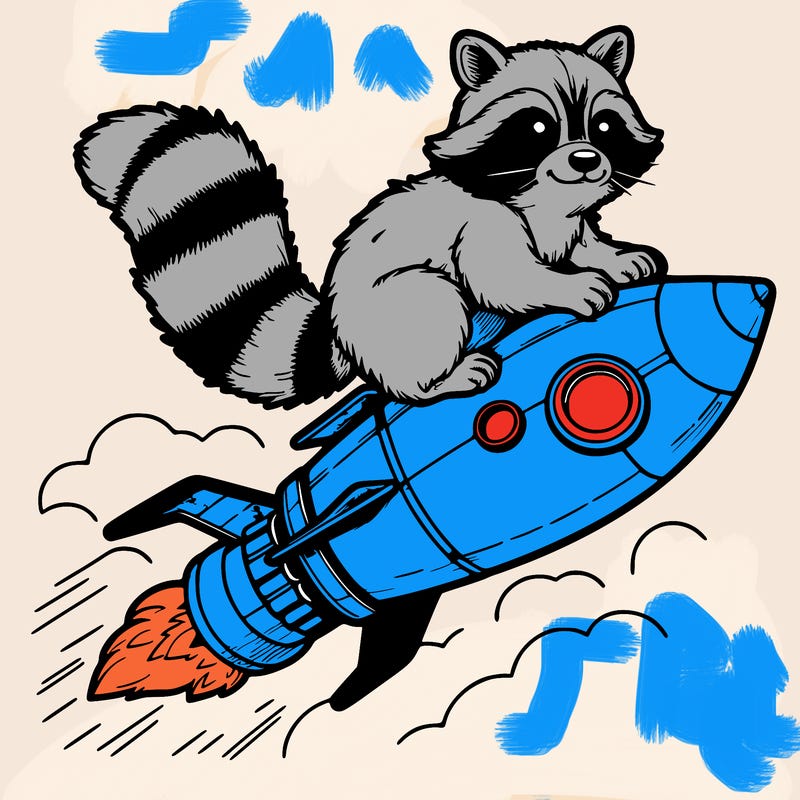 realistic raccoon flying on top rocket ship