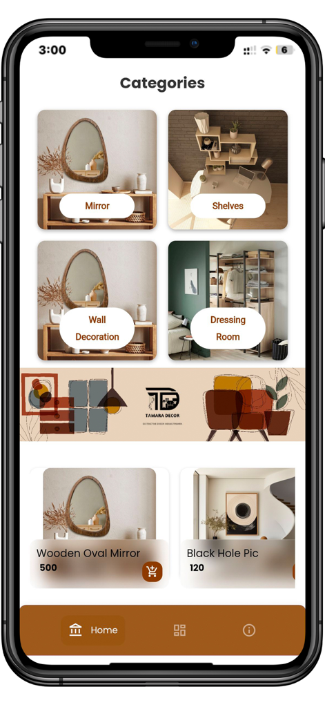 Tamara Decor - Interfaz de la aplicación Tamara Decor que muestra categorías de diseño de hogar, incluyendo espejos, estantes y vestidores