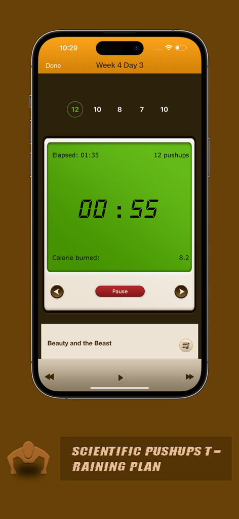 Pushups Coach Pro - Pushups Coach Pro workout screen showing a timer and training progress.