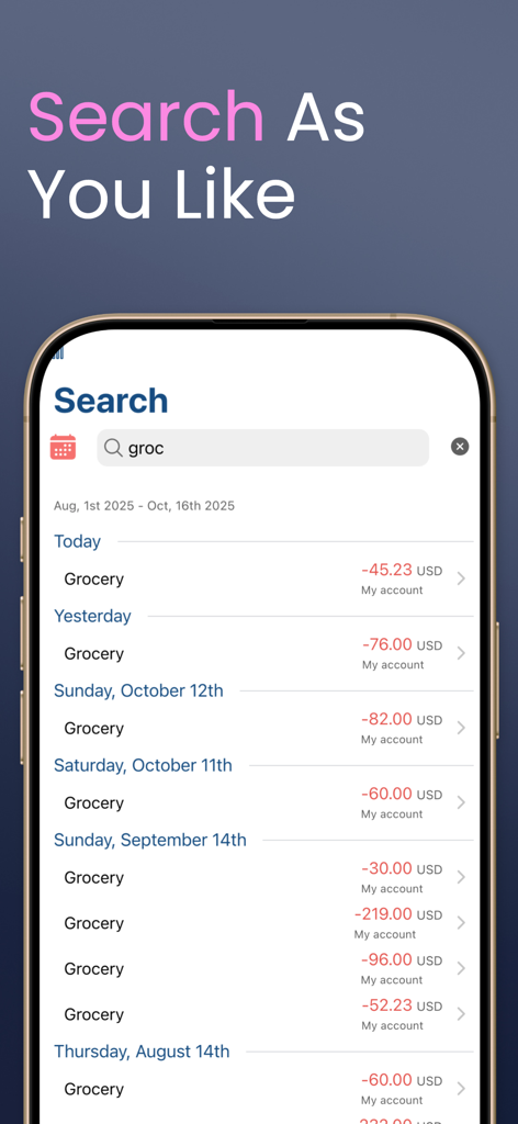 My treasury - Search interface of My treasury app showing a list of categorized grocery expenses