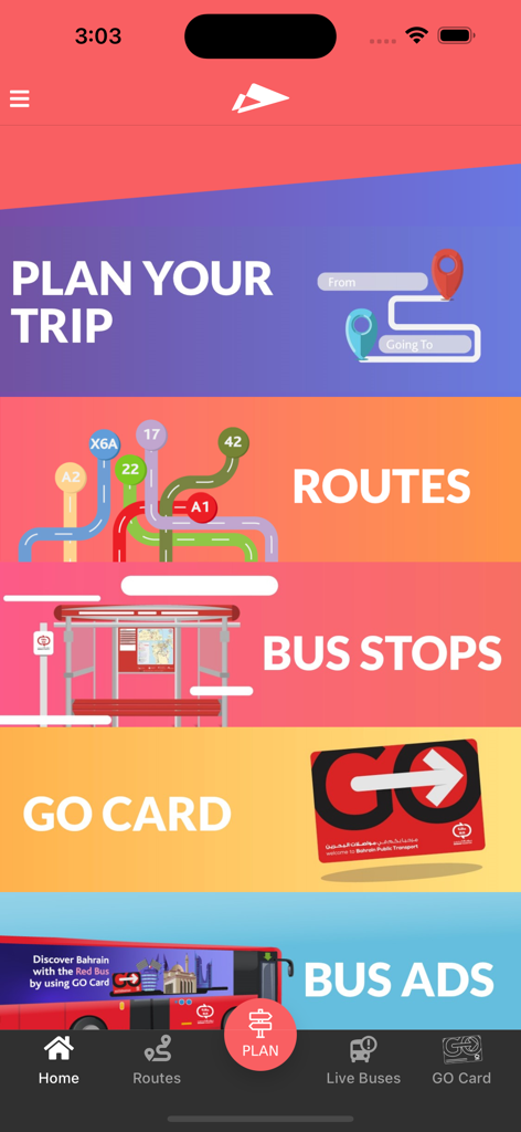Bahrain Bus - Bahrain Bus app home screen with navigation options for planning trips, viewing routes, and bus stop information
