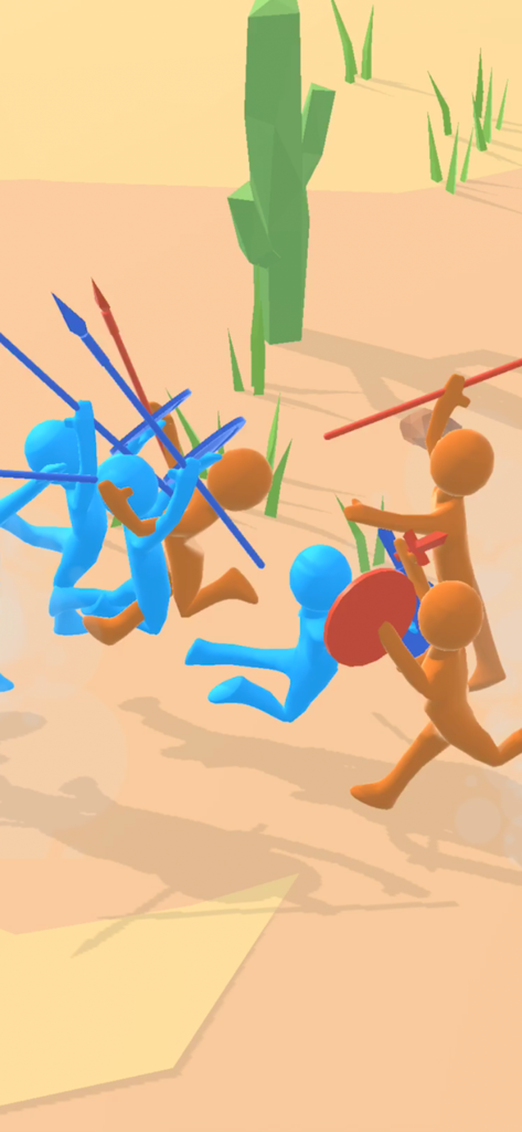 Blue and orange stickman armies clashing with spears and shields in a desert environment