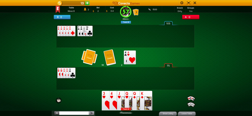 Buraco Aberto card game match on a green digital table