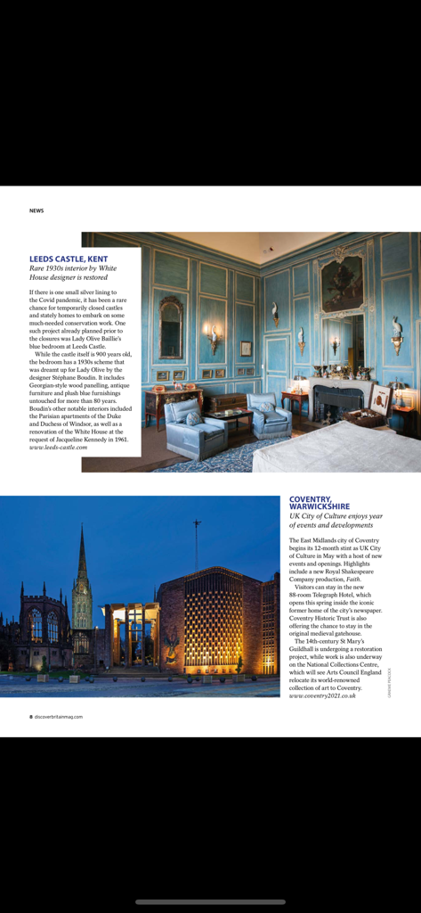 Discover Britain Magazine - A magazine spread featuring an article on the historic blue interiors of Leeds Castle and the architecture of Coventry at night.