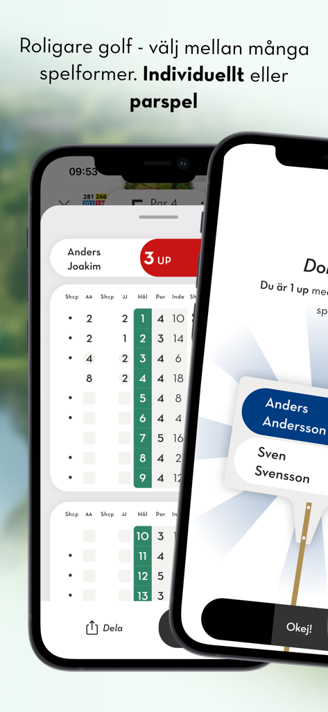 Caddee - Two iPhone screens displaying the Caddee golf app with a detailed digital scorecard and match status indicators for individual or pair play.