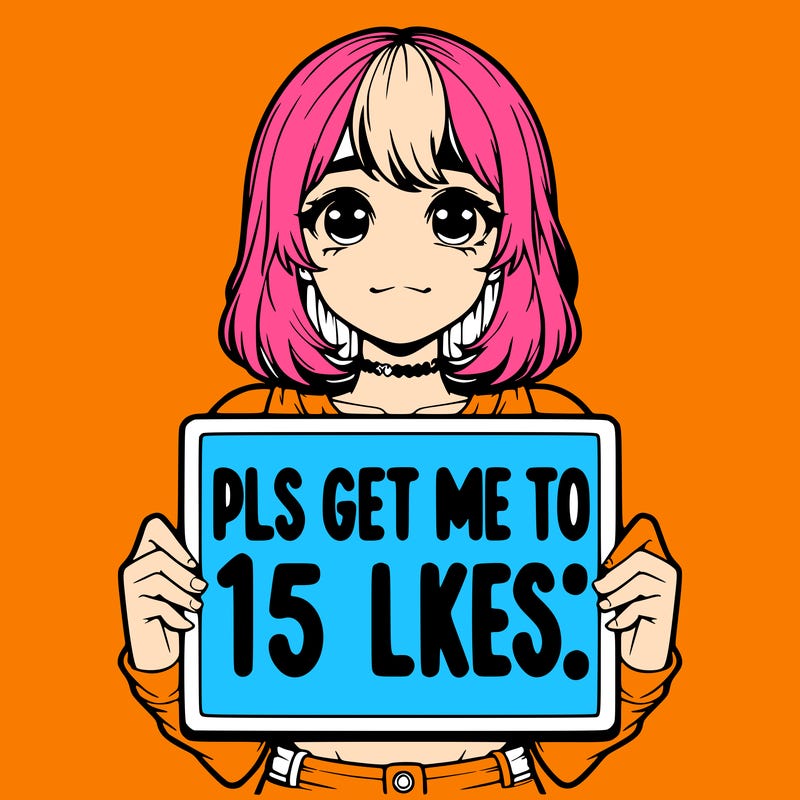 realistic girl holding up a sign that says “pls get me to 15 likes!”