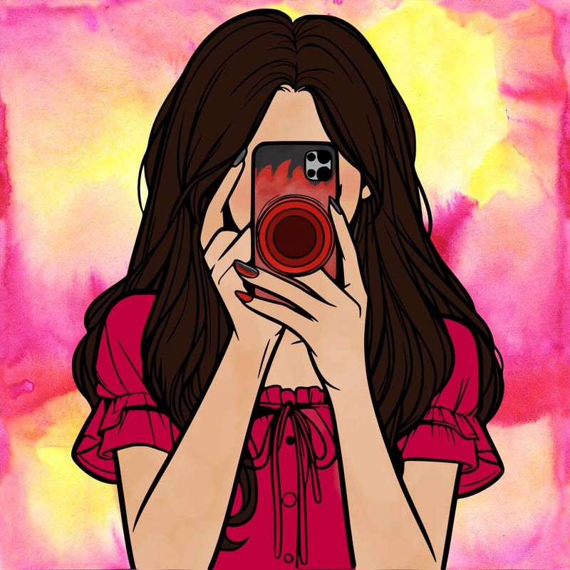 a realistic girl holding her phone taking pictures