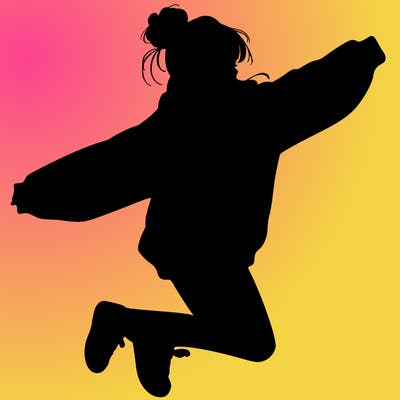 realistic girl jumping with a bun and oversized sweatshirt