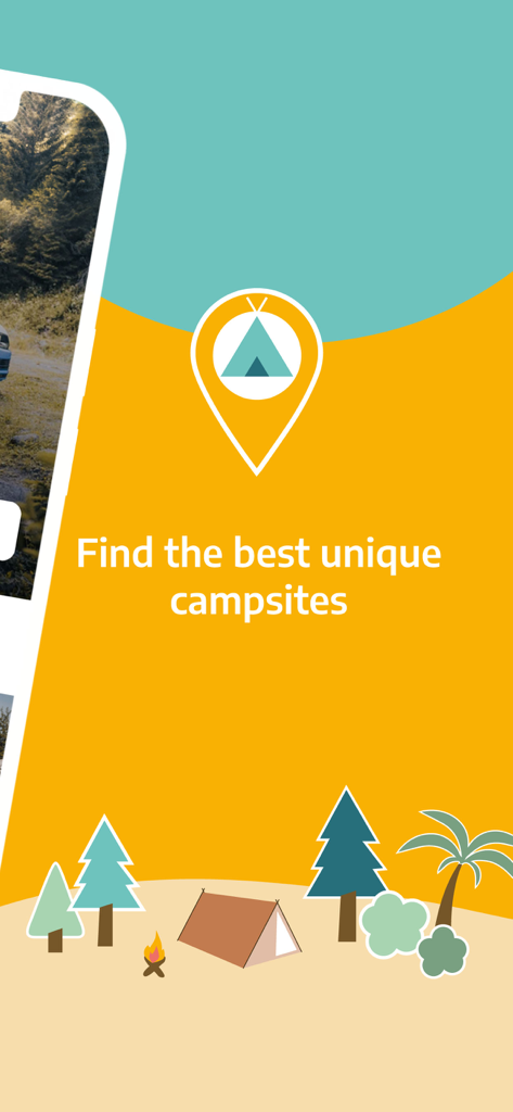 roadsurfer spots Campsites - Grafische Benutzeroberfläche der roadsurfer spots App mit einem Karten-Pin für einen Campingplatz und dem Text Finde die besten einzigartigen Campingplätze.