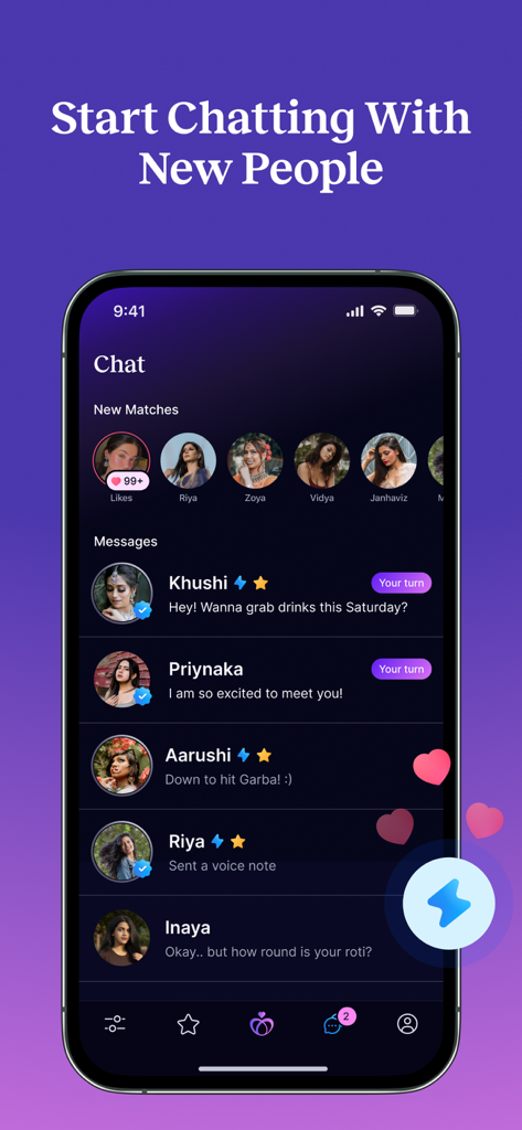 Chat interface of the Vinita South Asian dating app showing new matches and message previews