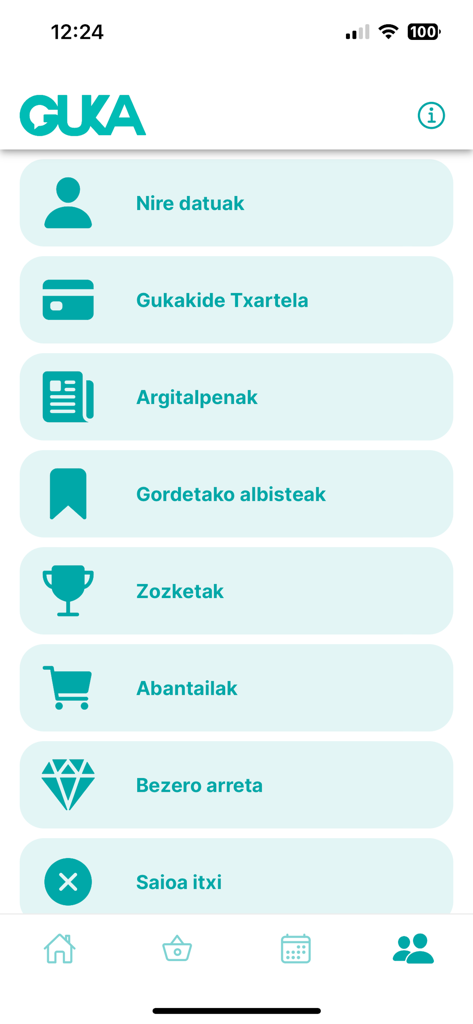 Menú de perfil de usuario de la aplicación Guka mostrando opciones de tarjeta de membresía, noticias y sorteos en idioma vasco.