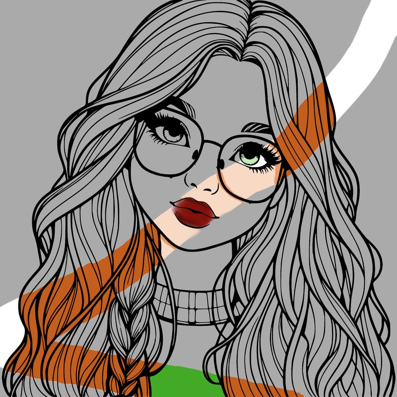 girl with long hair and freckles and glasses realistic
