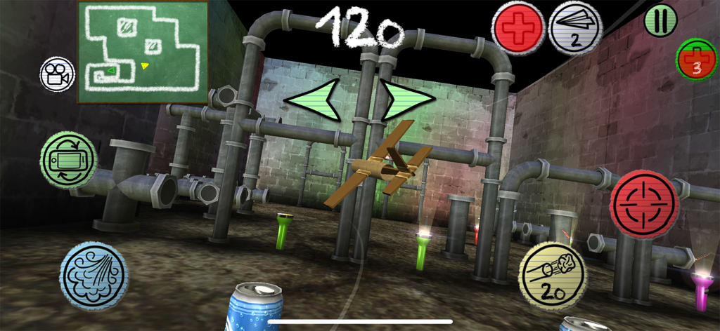 Air Wings® - 室内バトルレベルを飛ぶバルサ材の飛行機。配管と学校用品の武器アイコンが表示されています。