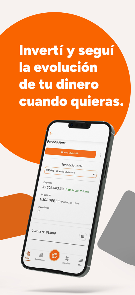 Galicia Office Empresas mobile app showing investment tracking and Fima funds portfolio