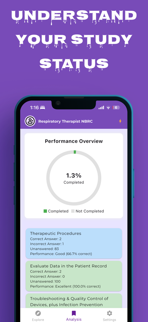 Respiratory Therapist NBRC - Tela de análise de desempenho do aplicativo NBRC para Terapeuta Respiratório mostrando progresso de estudo e pontuações por categoria