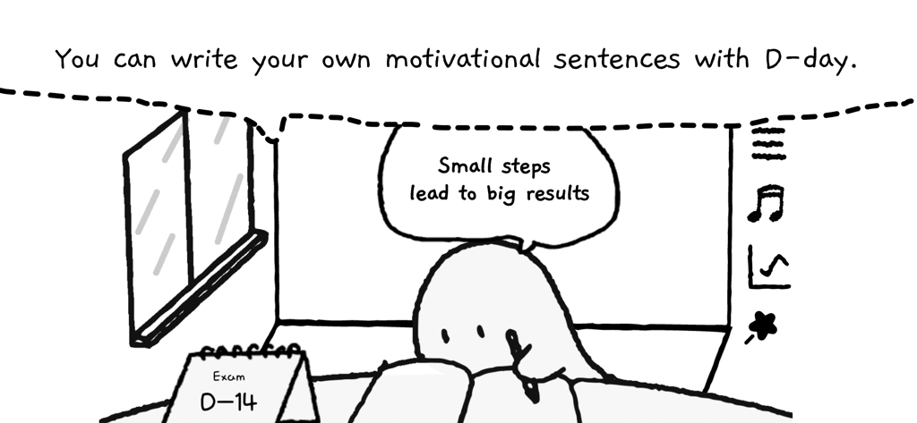 Study Time With Rain: Pomodoro - Minimalist doodle of a cute ghost studying with a motivational quote and exam countdown