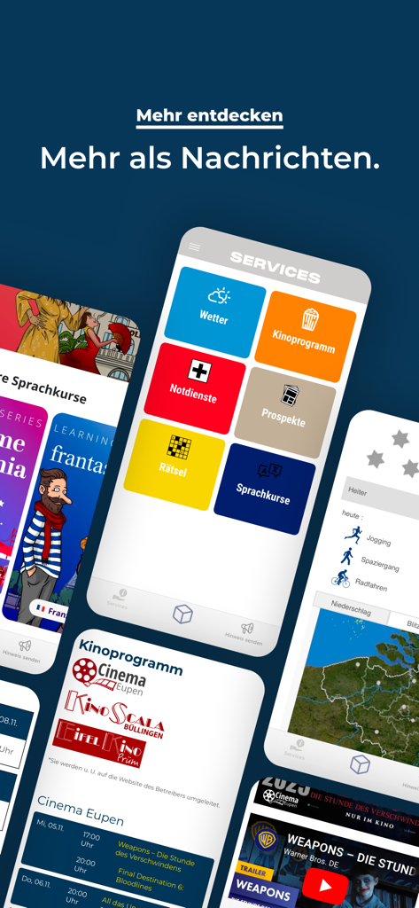 GrenzEcho App - Interface da aplicação GrenzEcho a mostrar opções de serviços regionais, incluindo meteorologia, programas de cinema, puzzles e serviços de emergência