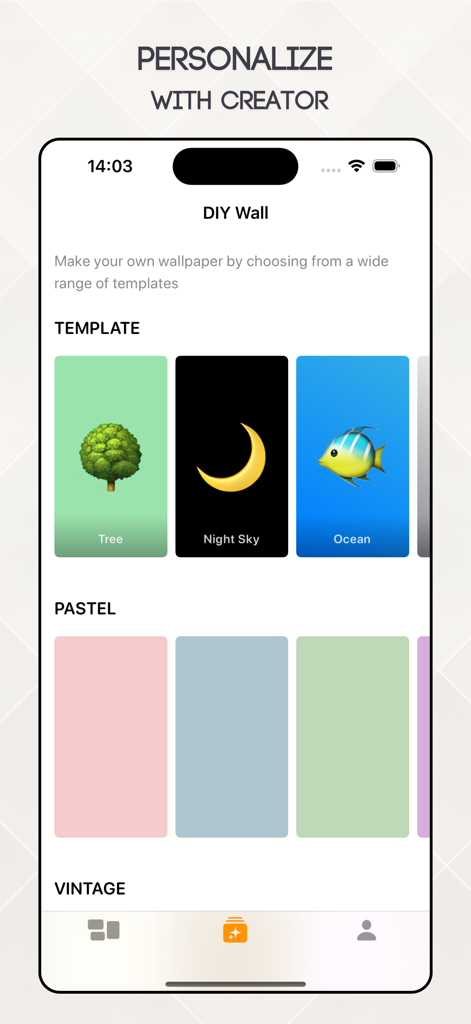 Minimal Lockscreen - One Wall - Screenshot of the OneWall app showing the DIY Wall creator with minimalist templates and pastel color options for lockscreen personalization.