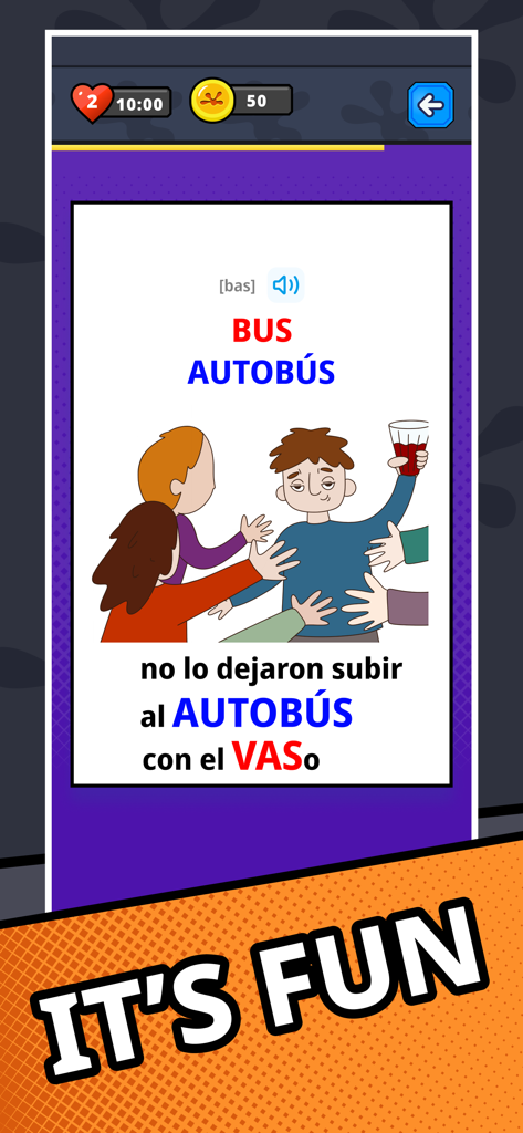 Easy Lizzy: English words - Easy Lizzy app interface showing a visual mnemonic for the English word bus with a funny illustration and Spanish text