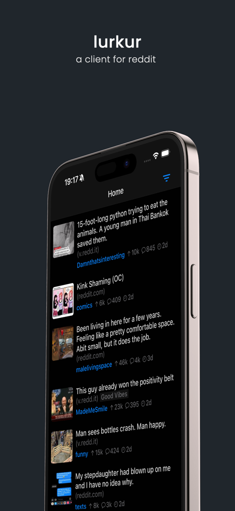 lurkur for reddit - Lurkur for Reddit home feed in dark mode