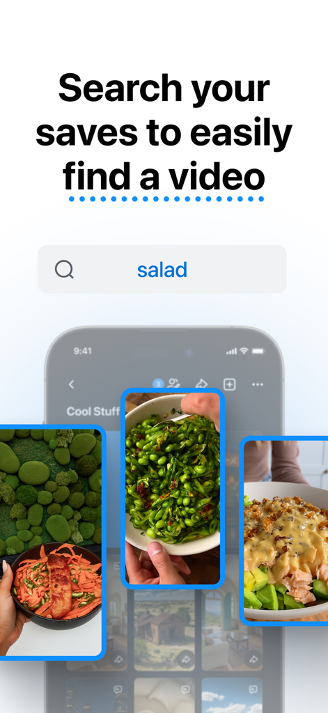 Captura de pantalla de la interfaz de búsqueda de la aplicación Faves que muestra videos de recetas guardados para ensalada