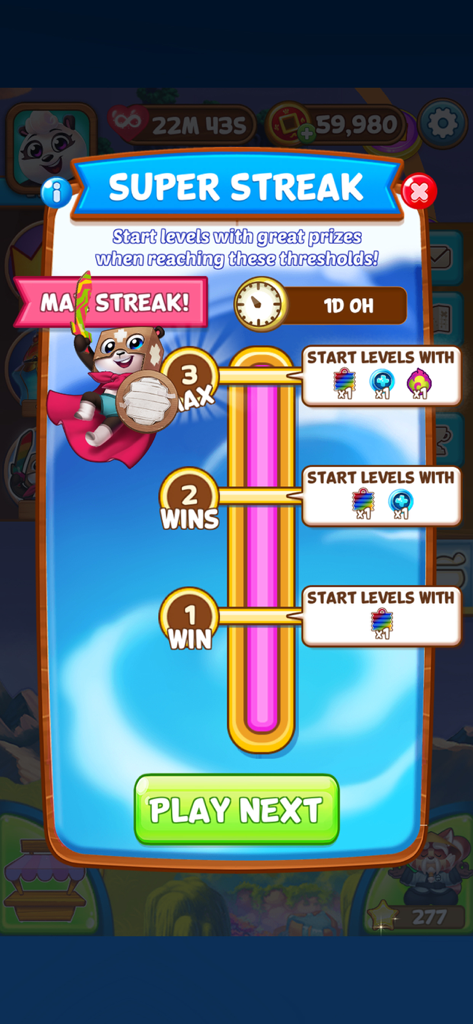 Tela de jogabilidade do Panda Pop mostrando a barra de progresso Super Streak e recompensas por vitórias consecutivas.