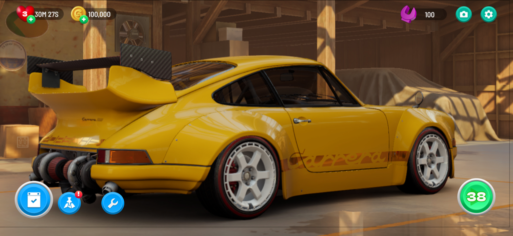 Matchcreek Motors: Custom Cars - A customized yellow Porsche Carrera parked inside a garage workshop.