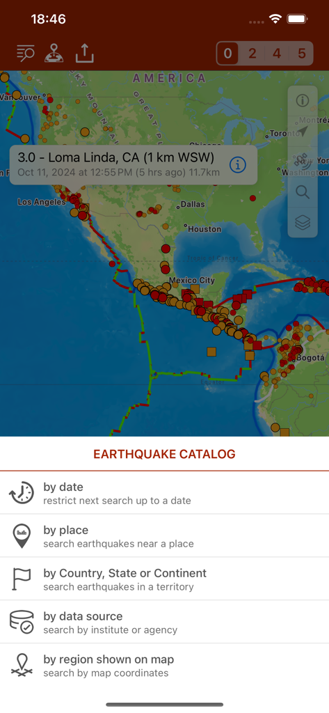Earthquake - alerts and map - Seismic activity map of the Americas and earthquake catalog search options with filters for date and location