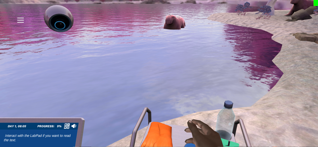 A 3D virtual science simulation interface from the Labster education app showing an interactive outdoor environment