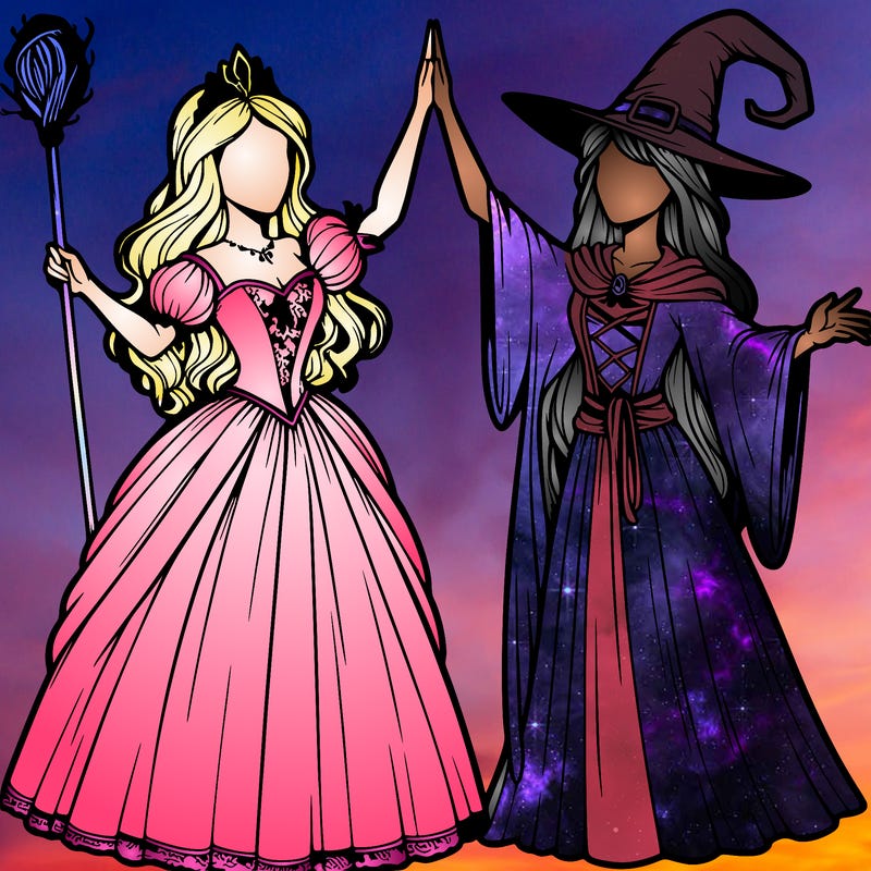 detailed realistic split of a princess and a witch
