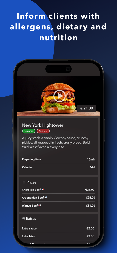 Un écran de smartphone montrant un menu de restaurant numérique avec des informations nutritionnelles détaillées, des étiquettes diététiques et des garnitures supplémentaires pour un burger
