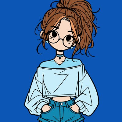 girl with a messy ponytail glasses a baggy crop top and jean shorts