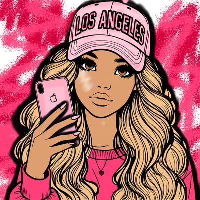 realistic beautiful girl wearing los ángeles cap holding an iphone