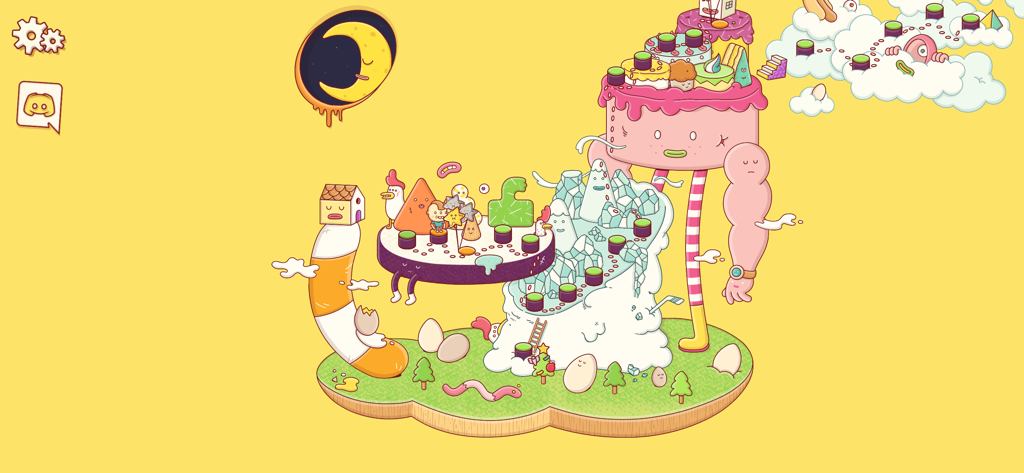 A colorful and quirky level selection map from the Eggggg game showing floating surreal islands with the Brosmind art style.