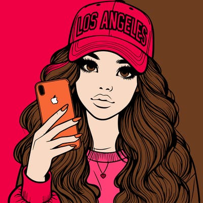 realistic beautiful girl wearing los ángeles cap holding an iphone