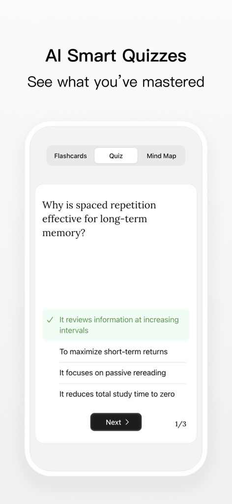 Keepmind app interface showing an AI-powered multiple choice smart quiz about spaced repetition