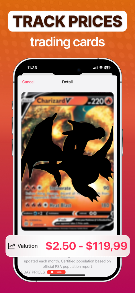 Card Value Scanner TCG Pocket - TCG card scanner app interface showing the market price range for a Charizard V trading card