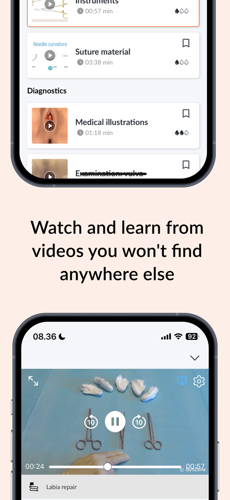 Interface of GynZone app featuring clinical videos and medical illustrations for healthcare professionals